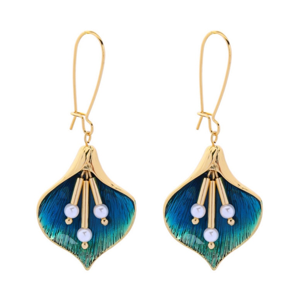 Gold tone enameled callalily dangle earrings